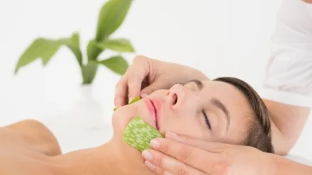 Woman with eyes closed receiving facial treatment as practitioner holds a slice of aloe vera against her cheek, potted plant blurred in background