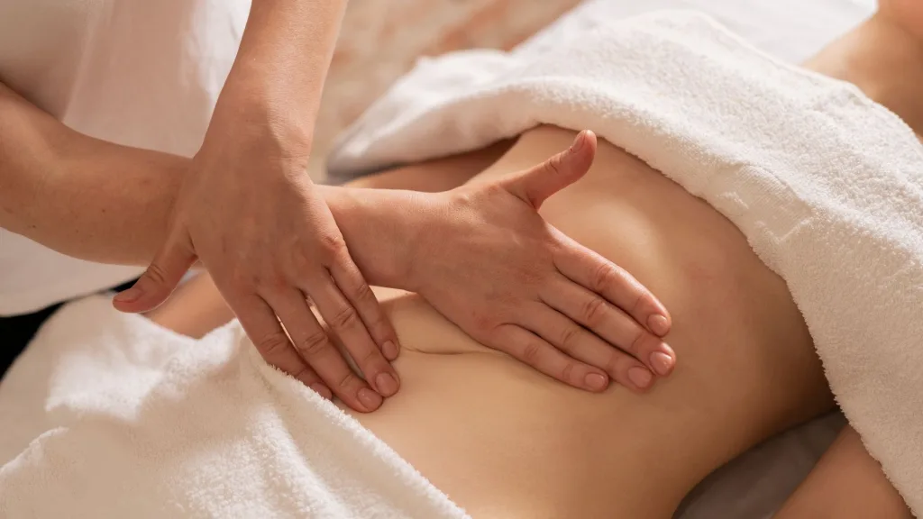 Hands of a massage therapist applying firm pressure to a client's lower back, client covered with a white towel.